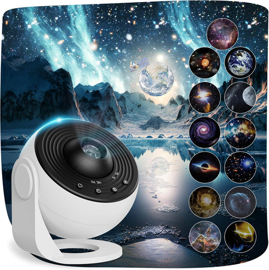 White 13-in-1 galaxy planetarium projector displaying stars and space scenes on a bedroom ceiling