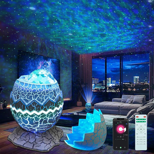 Ivory white dinosaur egg galaxy projector night light projecting colorful nebula stars in a bedroom