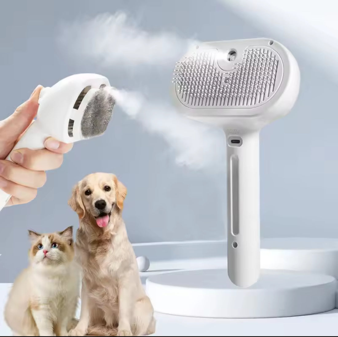 Pet Steam Grooming Brush – Soft Round-Tip Dog &amp; Cat Comb with Spray, Massage &amp; Hair Removal