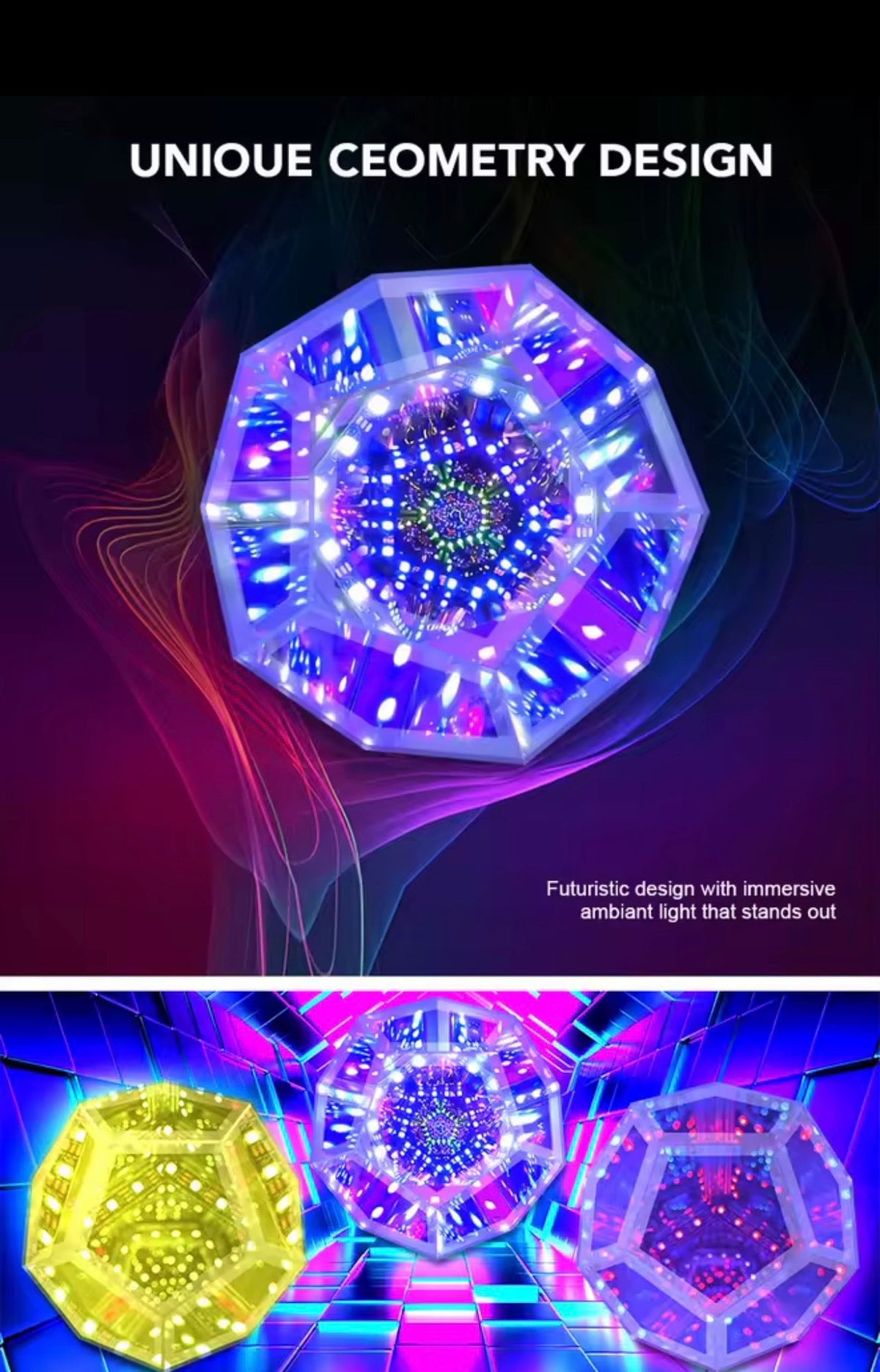 LED Night Light Mirror Light Infinite Dodecahedron Light for Gaming Room Decor 3D Cube Cool RGB Color Changing Night Lighting encalife