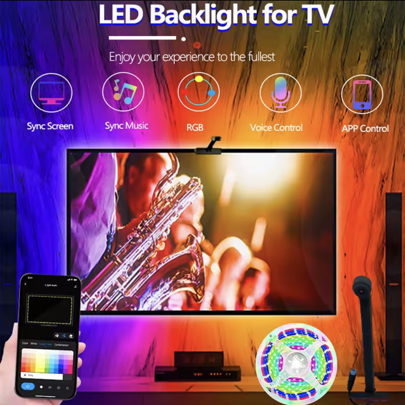 RGBIC LED TV Backlight Strip with Camera App Control Music Sync Smart Lights for Gaming Room 55-75inch Ambient Lighting