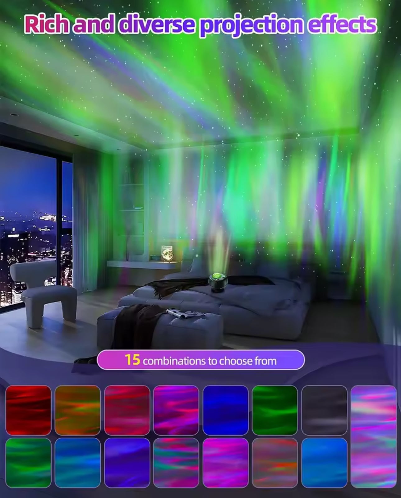 Northern Lights Projector 15 Combinations Galaxy Projector 60 Light Effects Star Remote Night Light with Bluetooth Speaker Timer encalife