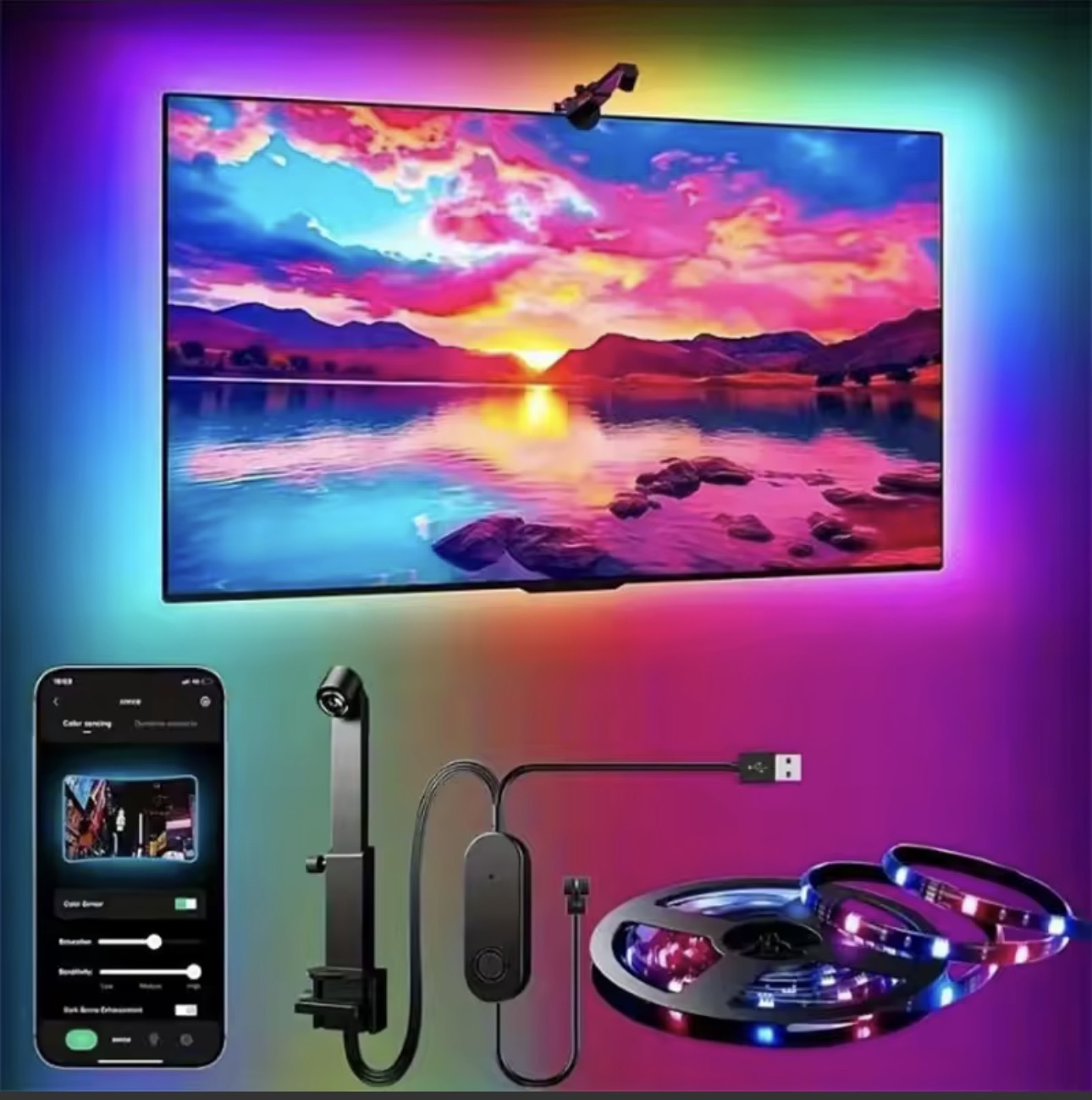 RGBIC LED TV Backlight Strip with Camera App Control Music Sync Smart Lights for Gaming Room 55-75inch Ambient Lighting