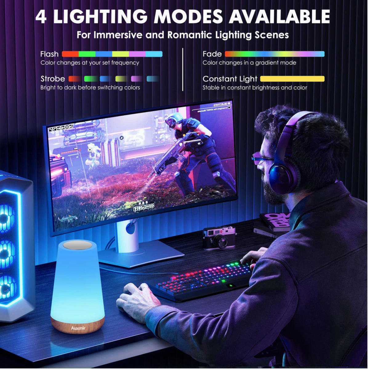 Night Light, LED Touch Bedside Table Lamp, 7 RGB Colours Changing, 5 Brightness Level Switch, Timing Function, Rechargable Remote encalife
