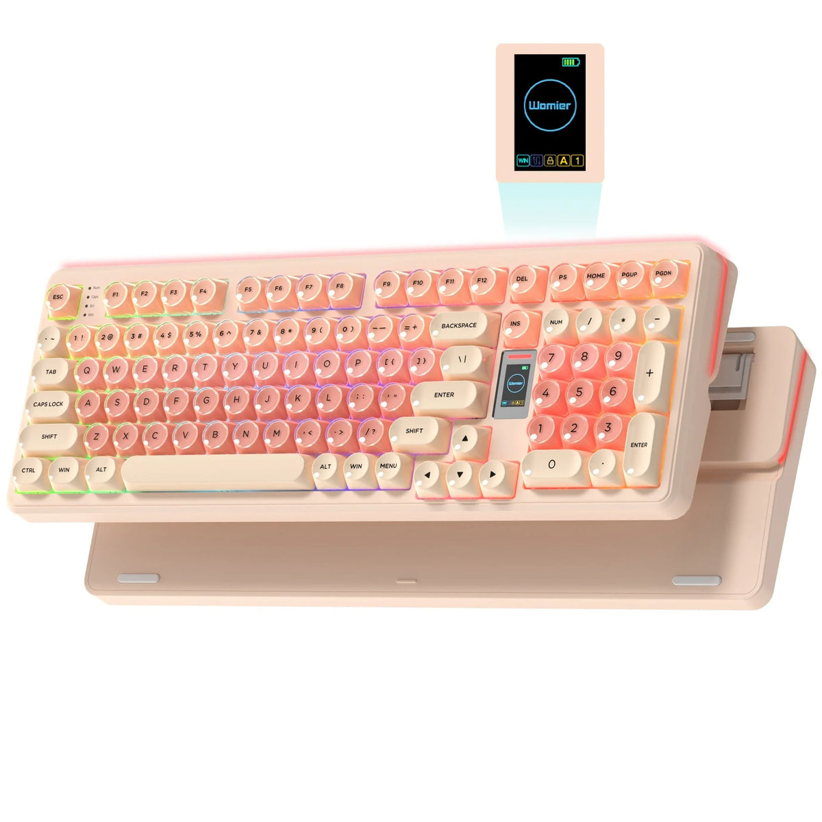Pink RGB gaming mechanical keyboard with colorful backlighting and custom display screen