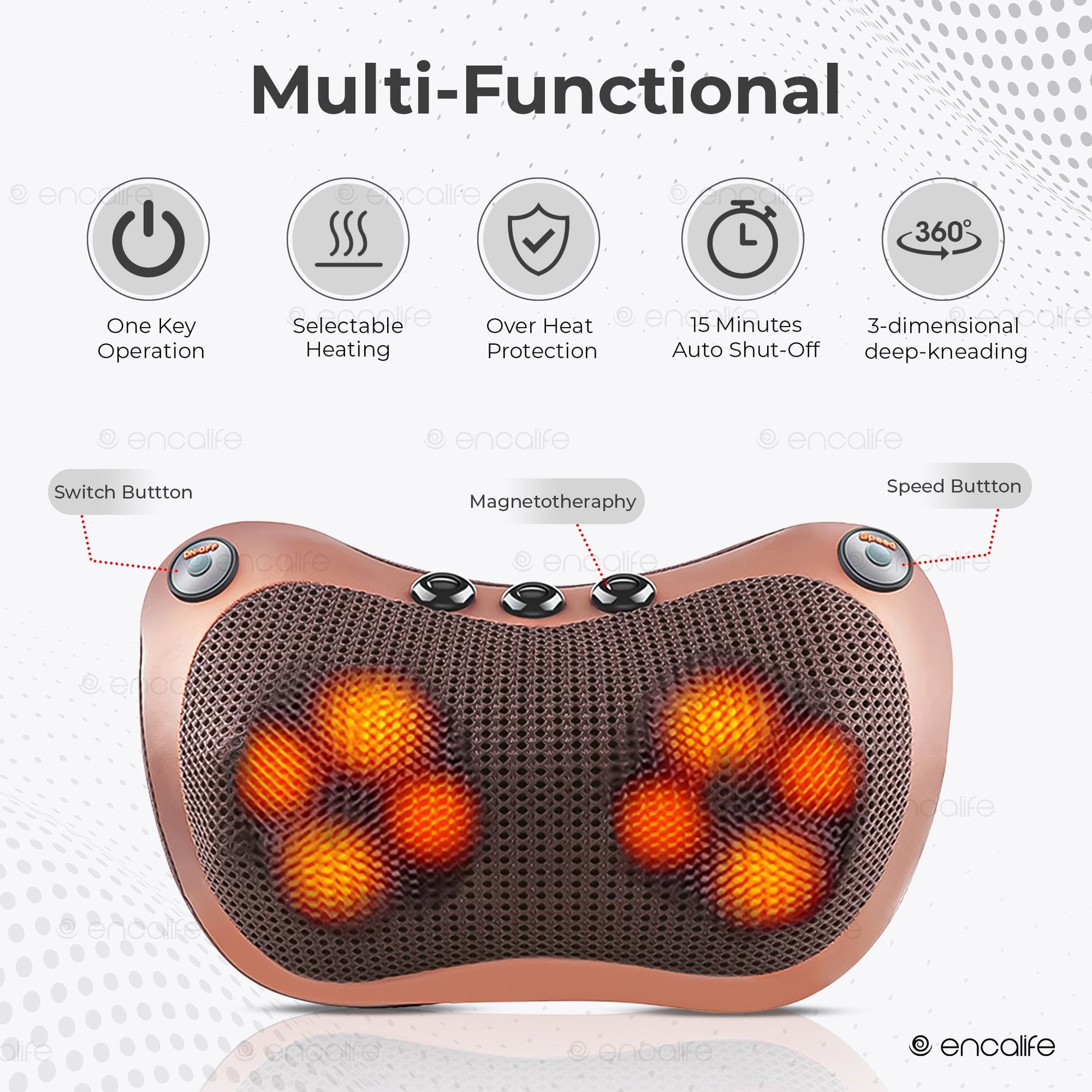 Shiatsu Neck & Back Massager (Heated Massage Pillow) encalife