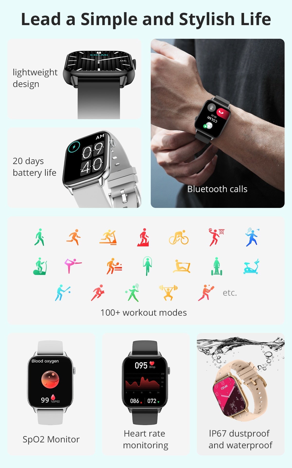 Fitness Tracking Smart Watch | Heart Rate And Sleep Monitor With 5 Straps encalife