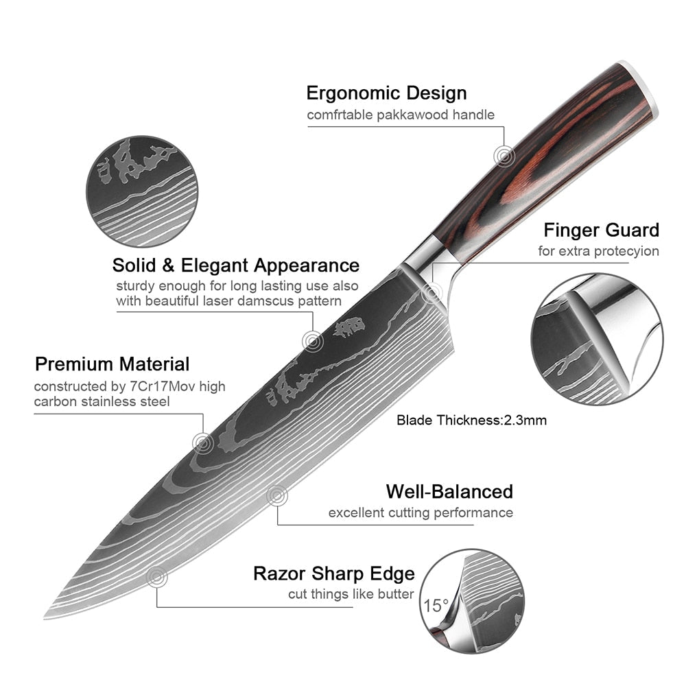 Ergonomic Chef’s Knife | Laser Damascus Pattern encalife